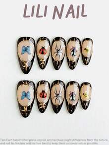 10pcs Handmade Press-On Nails, Almond Shape, Black & Nude, Hand-Painted Insect Pattern, Matte Cute Style, Reusable Nail Tips Set With Nail Tools, Suitable For Daily Commute, Party And Office - Multicolor - View 3