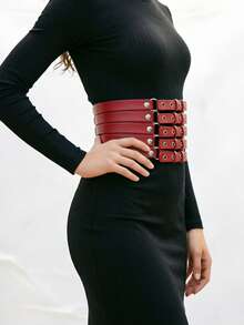 1pc Women's Red Punk Fashion Multi-Hole Metal Belt, Versatile Hollow Decorative Accessory - Red - View 4