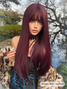 alicegarden 24 Inch Long Synthetic Wig, Natural Straight Style, Stunning Burgundy Red, With Bangs, Suitable For Women's Daily, Party, Cosplay Use, Natural And Durable, Women's Wig Gift - Burgundy - View 2