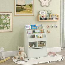 Multifunctionele boekenkast met 3 planken, 2 vakken en een grote houten lade in lichtgroen. - A - Bekijken 3