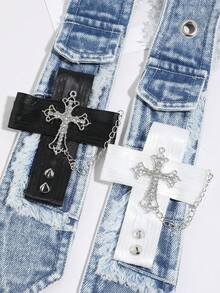1pc Y2K Hot Girl Snowflake Wash Denim Tie With Rhinestone Cross, Frayed Edge Chain Halter Neck Personalized Shirt Accessory - Multicolor - View 4