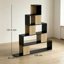 Geometrische boekenplank met 5 planken voor kantoor, woonkamer en slaapkamer, zwart en naturel hout - A - Bekijken 5