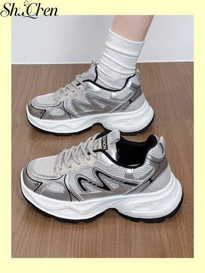 1 Pair Fashionable Retro Y2K Women's Thick Sole Casual Sports Shoes, Suitable For Commuting And Running, Thick Sole Sneakers