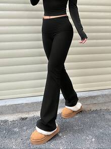 Women's Casual Solid Color Wide Waist Flare Pants, High Waist Pleated Slim Leggings Spring Black, Effortless Style Fall - Black - View 4