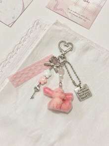 Gentle Fox Alloy Pendant Keychain, Vintage Key Charm With Lace Ribbon, Exquisite Bag Accessory, Best Friend Gift, Niche INS Style Pink Keychain, Girl's Backpack Charm, Portable Accessory - Pink - View 6