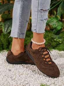 Vintage Elegant Suede Lace-Up Soft Sole Comfortable Commuter Flat Casual Shoes For Women - Brown - View 3