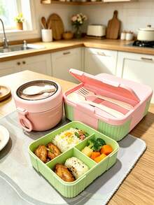 SEAL LOCK 2 Pieces Colorblock Divided Lunch Box And Sealed Soup Bowl Set With Built-In Spoon And Fork Utensils, Food And Soup Separation, Portable Bento Box For Office Workers, Students, Outdoor Picnic, Commuting, School, Multi-Scenario Use, Anti-Cross-Flavor - Multicolor - View 1