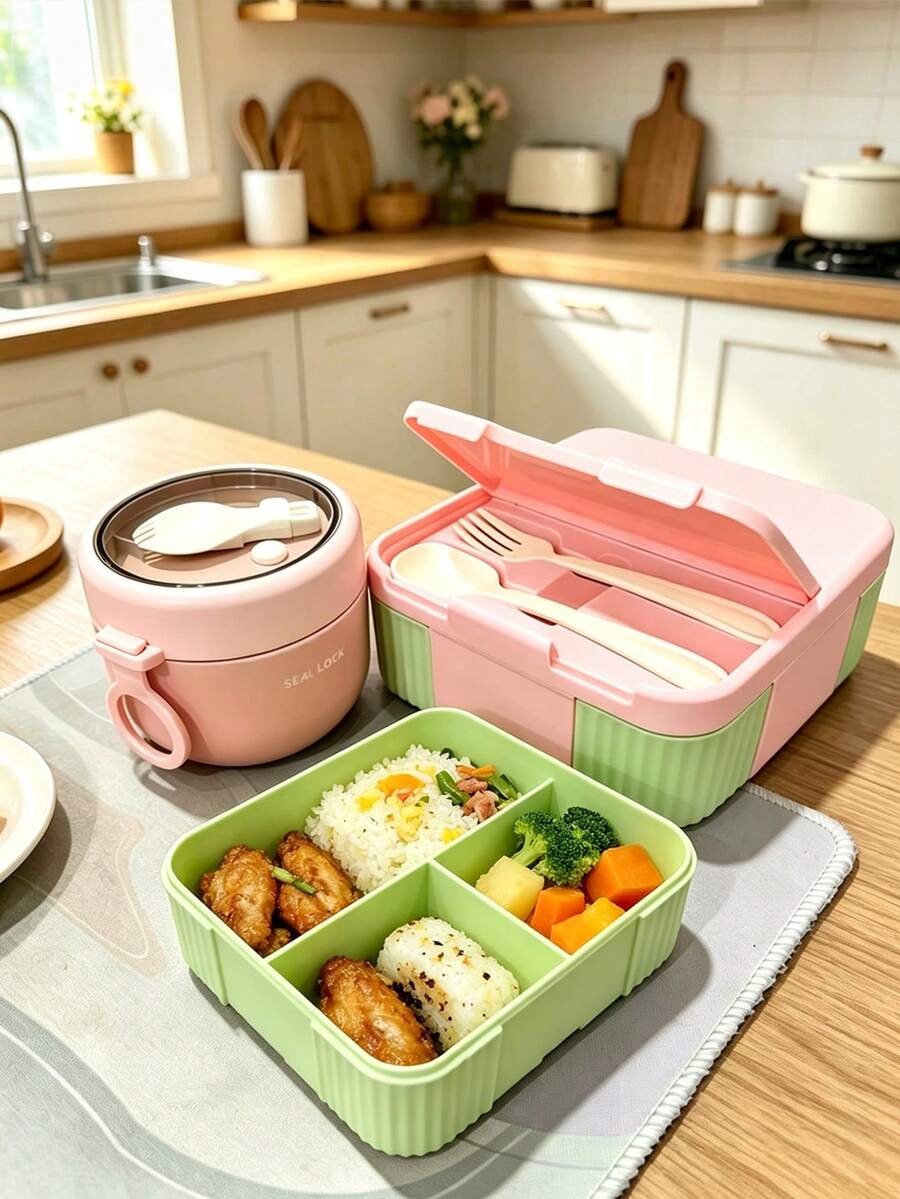 SEAL LOCK 2 Pieces Colorblock Divided Lunch Box And Sealed Soup Bowl Set With Built-In Spoon And Fork Utensils, Food And Soup Separation, Portable Bento Box For Office Workers, Students, Outdoor Picnic, Commuting, School, Multi-Scenario Use, Anti-Cross-Flavor - Multicolor - View 1