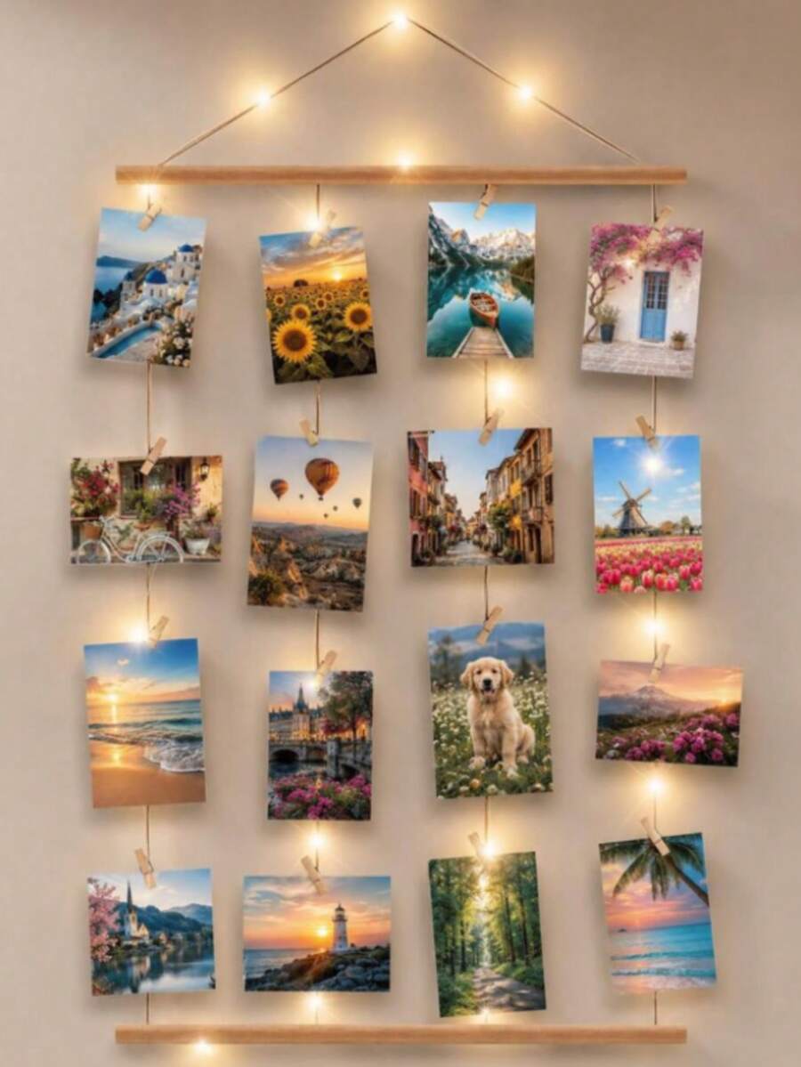 Wooden Hanging Photo Display Frame With Wooden Clips, Wall-Mounted Photo Collage Storage Rack, Bohemian Style Home Wall Decor Photo Holder, Without LED Lights - Sets - View 1
