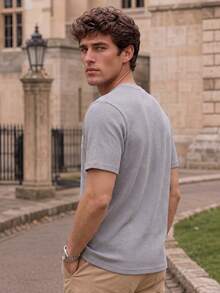 Men's Waffle Knit Solid Color Crew Neck Short Sleeve T-Shirt, Loose Fit Casual Everyday Basic Top - Light Grey - View 1