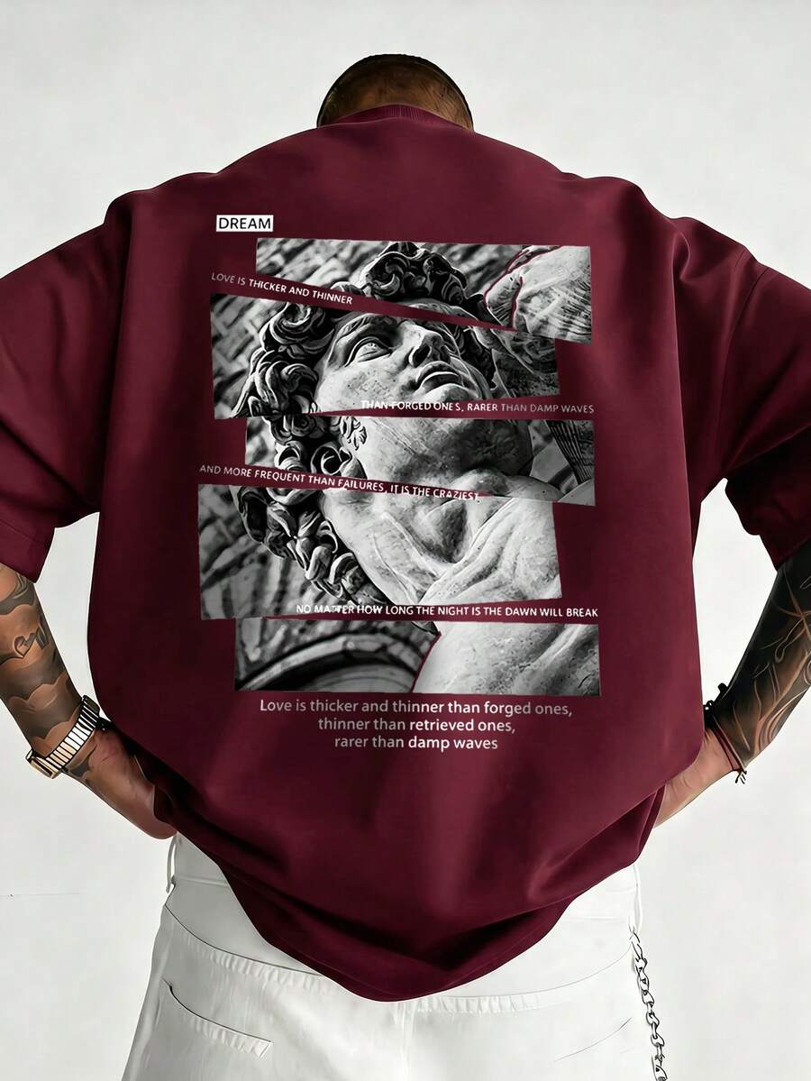 Men's Vintage David Statue Patchwork Back Print Short Sleeve T-Shirt, Loose Artistic Street Casual Top