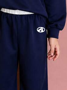 Young Girl Letter Print White Collar Pullover Warm Sweatshirt And Pants Set - Royal Blue - View 4