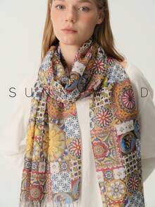 1pc Women's Sunflower Mandala Pattern Vintage Elegant Lady Polyester Printed Scarf, Suitable For All Seasons Daily Wear - Camel - View 2