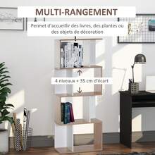 Estante de 4 níveis, unidade de armazenamento em forma de S com prateleiras, estante para sala de estar, quarto, escritório, 60 x 24 x 148 cm, madeira natural e branca - A - Ver 6