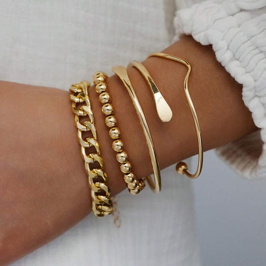 New European & American Cross-Border Mirror Bead Open Cuff Bracelet, Minimalist Unique, Exaggerated, Light Luxury, High-End Feel - Geometric Bracelet Set, 4 Pieces, 6362401HB - View 1