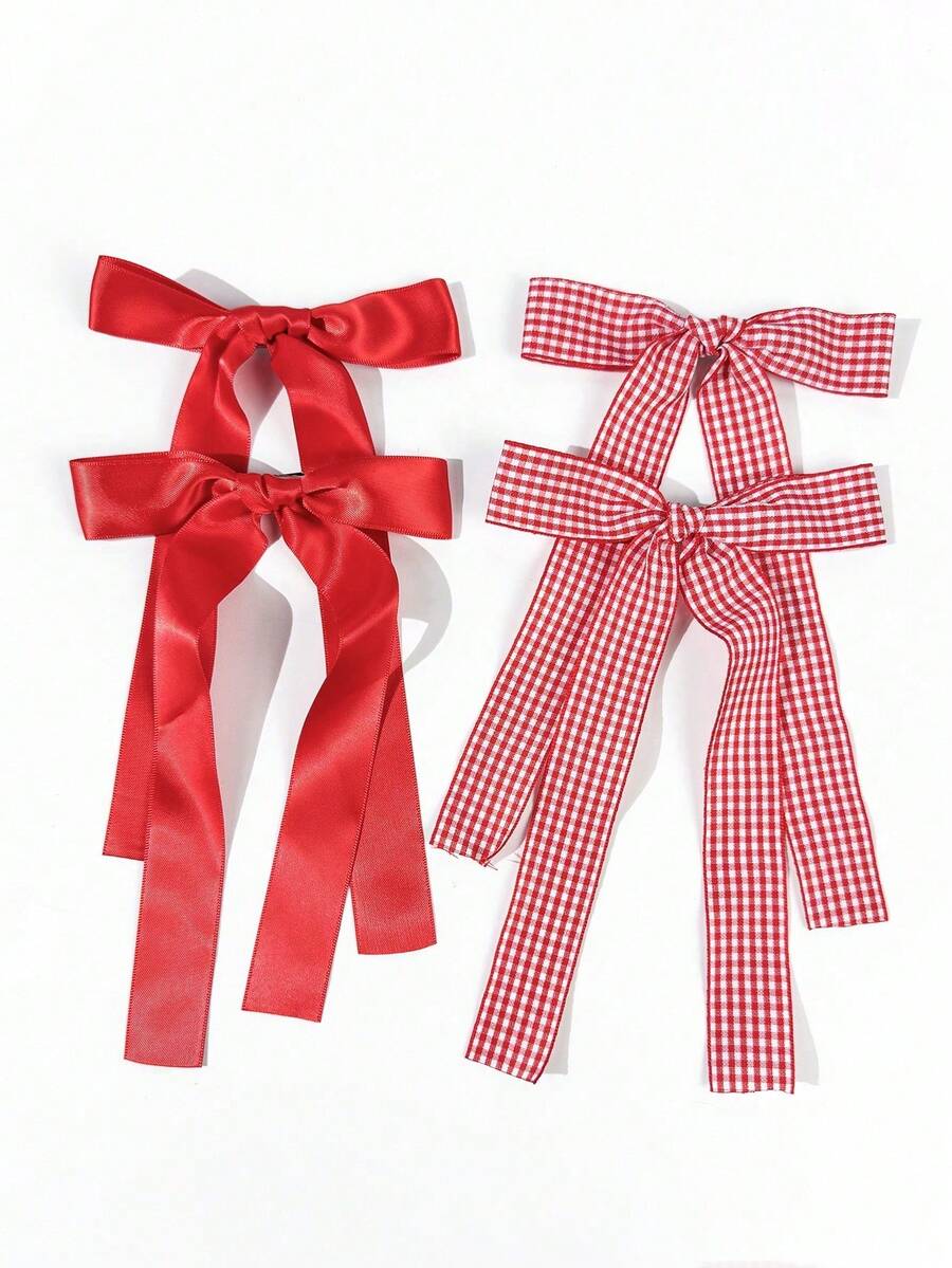 4pcs Women's Solid Satin Matching Striped Plaid Ribbon Bow Hair Clips, Minimalist Style Suitable For Daily Wear Hair Accessories For Women Girls - Multicolor - View 1