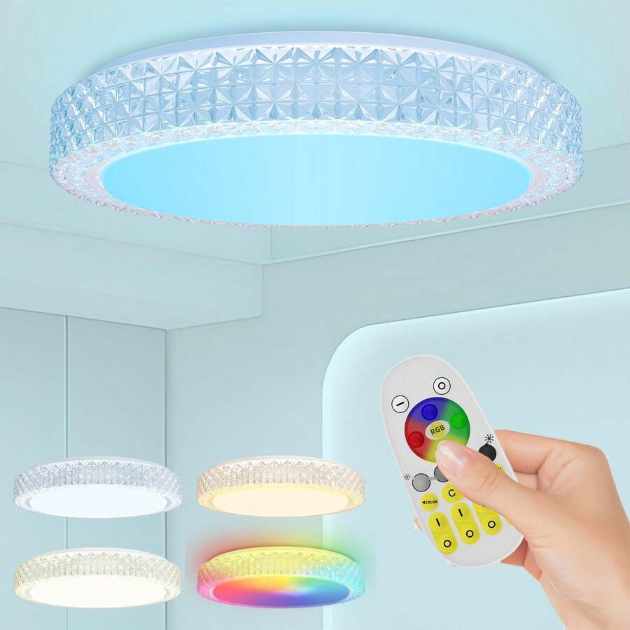 Dimmbare RGB-LED-Deckenleuchte mit Fernbedienung, 48 W / 60 W, runde Deckenleuchte mit Kristall- und Sternmotiv für Schlafzimmer, Wohnzimmer, Kinderzimmer, Flur, einstellbare Farbtemperatur von 2700 K bis 6500 K, Durchmesser 40 cm - Ø40 cm - Übersicht 1