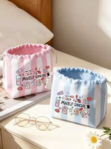Striped Cosmetic Bag With Cosmetic-Themed Print, Large‑Capacity Portable Travel Toiletry Pouch, Multifunctional Storage Organizer For School Shopping Spring Outing, Back‑To‑School Birthday Wedding Gift - Multicolor - View 1