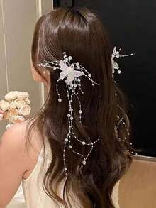 2件裝水晶蝴蝶流蘇髮夾，適合新娘盤髮、節慶拍照或禮物，優雅皇冠造型，萬聖節適用 - 閃亮白 - 查看 4