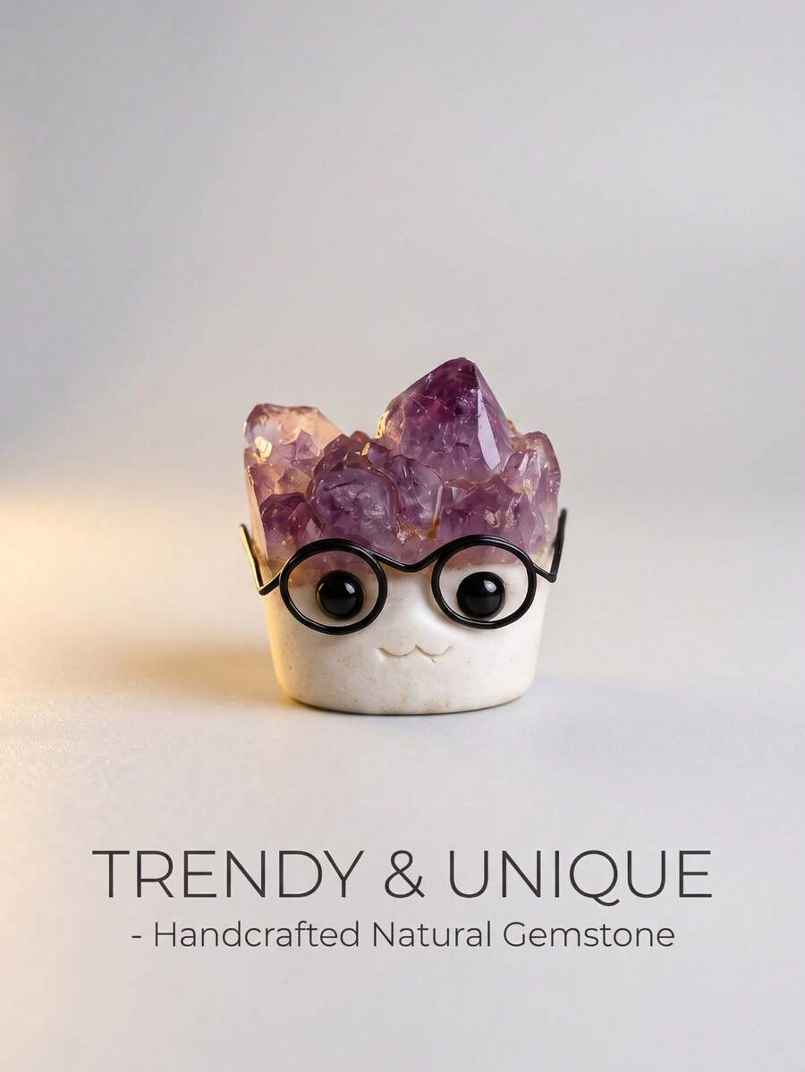 Unique Natural Amethyst Crystal Cat Figurine With Glasses, One-Of-A-Kind Handcrafted Raw Gemstone Animal Decor, Blind Box, Trinkets, Party Favors - Multicolor - View 1