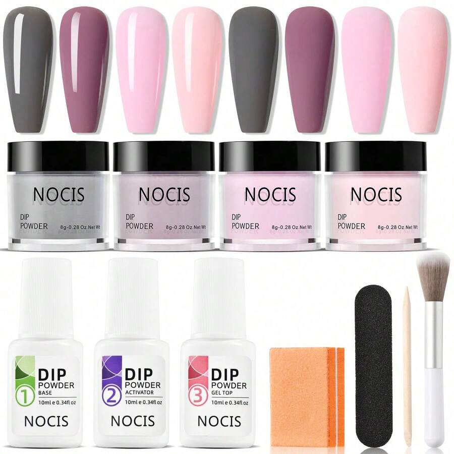 NOCIS Dip Powder Nail Kit - Set Pemula 4 Warna dengan Nude, Pink, Glitter & Putih, Plus Base Coat, Top Coat & Cairan Aktivator, Buffer Kuku, Kuas & Kikir - Sistem Celup Akrilik untuk Manikur DIY, Tanpa Aroma, Tidak Perlu Daya. - MultiWarna - View 1
