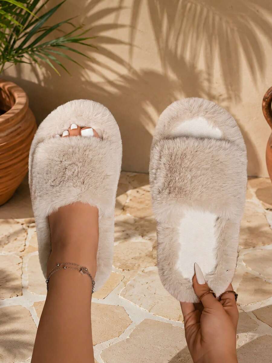 Women's Daily Plush Slip-On Slippers, Backless, Easy On/Off, Casual Shoes - Grey - View 1
