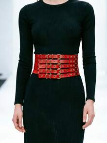 1pc Women's Red Punk Fashion Perforated Metal Belt, Versatile Hollow Decorative Accessory - Red - View 3
