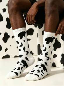 2/6/10 Pairs Unisex Black & White Cow Print Mid-Calf Socks, Street Style Casual Socks Suitable For All Seasons - Type a - View 1