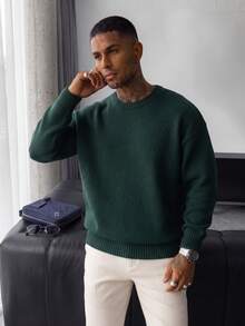 Sweater Pullover Pria Kasual Longgar Warna Polos, Streetwear Gaya Amerika, Leher Bulat, Lengan Panjang, Serbaguna, Musim Gugur/Dingin - Dark Green - View 3