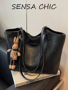 Textured Distressed Crinkled Tote Bag With U-Shaped Opening, Minimalist Letter Print Design, Adjustable Shoulder Strap, Large Casual Underarm Shoulder Bag For Daily Commute And Books, Paired With Cute Rabbit Plush Doll Charm - Black - View 1