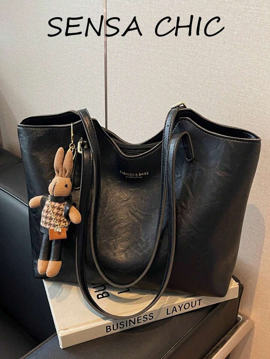 Textured Distressed Crinkled Tote Bag With U-Shaped Opening, Minimalist Letter Print Design, Adjustable Shoulder Strap, Large Casual Underarm Shoulder Bag For Daily Commute And Books, Paired With Cute Rabbit Plush Doll Charm - Black - View 1