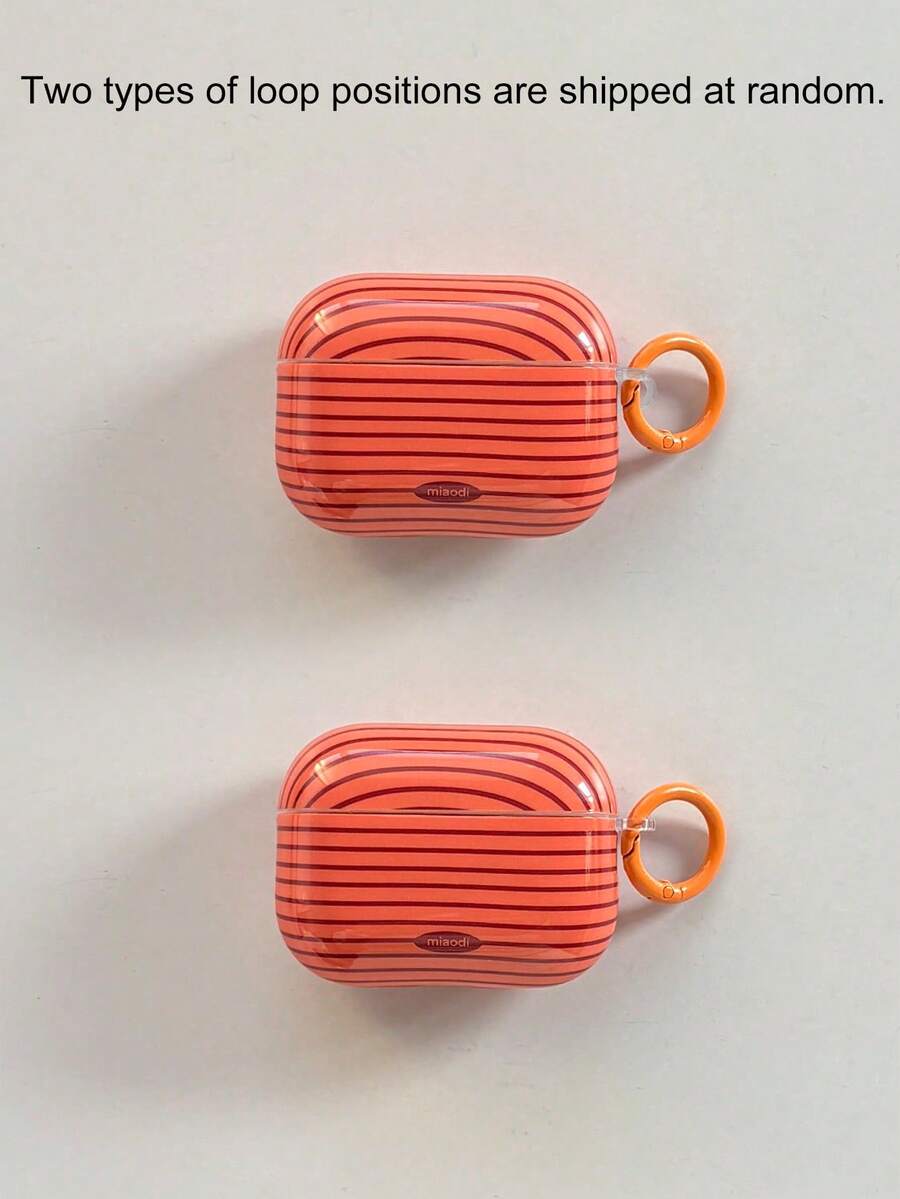 Minimalist Orange Beige Brown Blue Purple Red Green Pink Striped Glossy Earphone Protective Case, Compatible With AirPods 1 2 3 4 Pro Pro2 Pro3 - Orange - View 1
