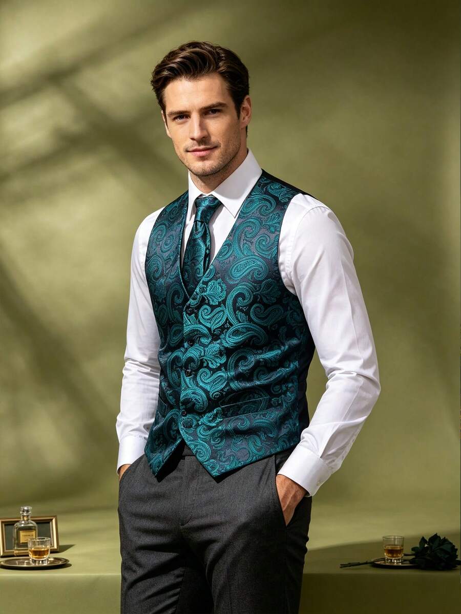 VerveRow 男士腰果图案单排扣西装马甲套装,含手帕和袖扣,适合正式婚礼和休闲场合。 - 水鴨藍 - 查看 1