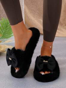 Women's Elegant Metal Letter Bow Plush Slippers, Thick Sole Soft Warm Fuzzy House Slippers - Black - View 2