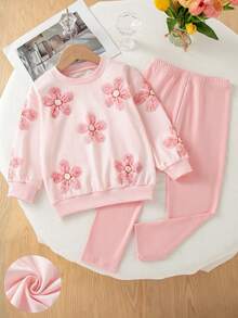Girls' Casual Fashion 3D Plush Flower & Pearl Decor Long Sleeve Sweatshirt And Slim Fit Pants 2 Pieces Set, Autumn/Winter - Pink - View 2