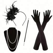 Halloween 1920s Flapper Costume Accessory Set, Vintage Women's Costume Set, Includes Headpiece, Necklace, Gloves And Hand Props, Suitable For Theme Parties, Carnivals, Halloween, Christmas And 1920s Role Play Events - Multicolor - View 6