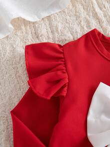 Autumn/Winter Baby Girl Cute Bright Red Flutter Sleeve Big Bow Top With T-Print Small Red Bow Frayed Hem Denim Jeans, Stylish Versatile Outfit Set - Red - View 5