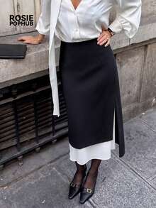 ROSIE POPHUB Women's Black Fdoc High Waist Double Layer Split Maxi Skirt Elegant Straight Long Midi Skirt Daily Commute Work Outfit For Fall & Winter - Black - View 7