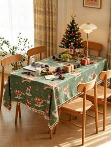 HXARTMIS 1pc Christmas Decoration New Arrival, Green Christmas Deer Print Tassel Tablecloth, Rectangular Christmas Tablecloth, Suitable For Christmas Home Decor, Christmas Gifts, Christmas Dining Table Decoration And More - Green - View 5