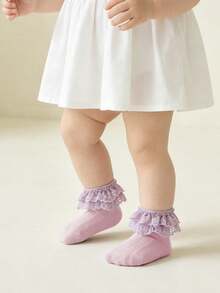 1 Pair Lace Hollow Out Bow Thin Soft Comfortable Breathable Cotton Princess Style Socks For Baby Girls - Purple - View 3