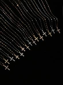 1Pc Dainty Cross Cubic Zirconia Pendant Necklace,14K Gold Plated Copper Pendant Stainless Steel Chain,Women Jewelry For Daily Wear Birthday Party Gift - Gold - View 3