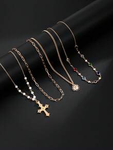 4pcs/Set Vintage Luxury Multicolor Crystal Cross Pendant Necklace, Men's Daily Wear Accessory, Great Holiday Gift - 4pcs - View 3