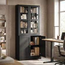 Vitrinekast, opbergmeubel met 6 planken en 4 deuren (waarvan 2 van gehard glas), verstelbare planken, zwart - A - Bekijken 3