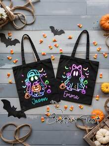 Customizable Personalized Neon Halloween Candy Bag, Customizable Neon Halloween Tote Bag, Reusable, Cute Ghost Pattern, Perfect Gift For Kids - Multicolor - View 7