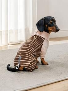 1pc Classic Striped Dachshund Pajamas, Adjustable Neck And Back Drawstring, Soft High Elasticity Warm Dachshund , Anti-Shedding Sleepwear, Suitable For Dackel Teckel Dogs And Wiener Dogs - Khaki - View 7