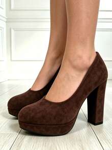 Women's Thick Sole Pointed Toe Solid Color Commute Party Fashion High Heels - Brown - View 2