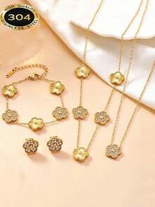 18K Gold Plated Stainless Steel 5-Petal Flower Jewelry Set, Designed For Women, Includes Necklace, Earrings And Bracelet Adorned With Diamonds, Luxurious And Fashionable Everyday Accessory - Multicolor - View 2