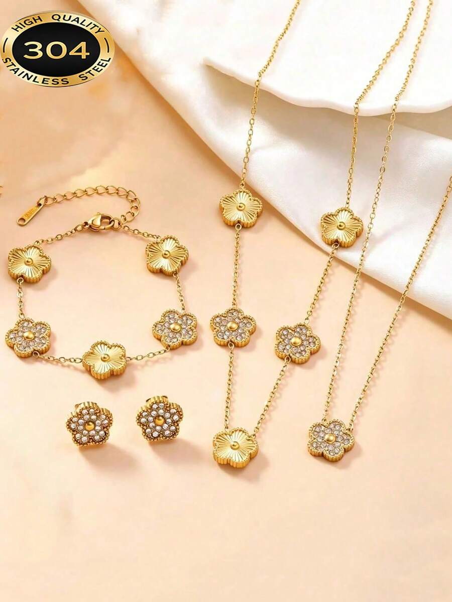 18K Gold Plated Stainless Steel 5-Petal Flower Jewelry Set, Designed For Women, Includes Necklace, Earrings And Bracelet Adorned With Diamonds, Luxurious And Fashionable Everyday Accessory