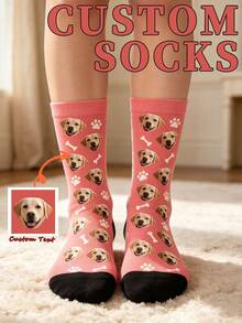 Custom Pink Dog Face Photo Socks, Personalized Pet Crew Socks, Custom Printed Puppy Face Paw Bone Socks, Novelty Gift For Dog Lovers - Multicolor - View 1