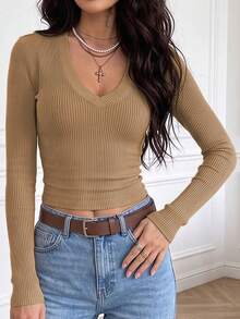 QUNGIGU Women Casual Ribbed Knit Pullover V Neck Long Sleeve Slim Fit Tops Casual Clothes For Daily Commuting Going Out Dating - Khaki - View 4